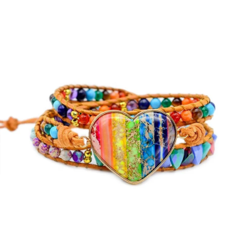 Preview: 7-Chakren Herz-Wickelarmband aus Natursteinen & Leder